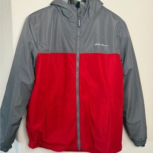 Eddie Bauer Gray and Red Hooded Windbreaker Jacket